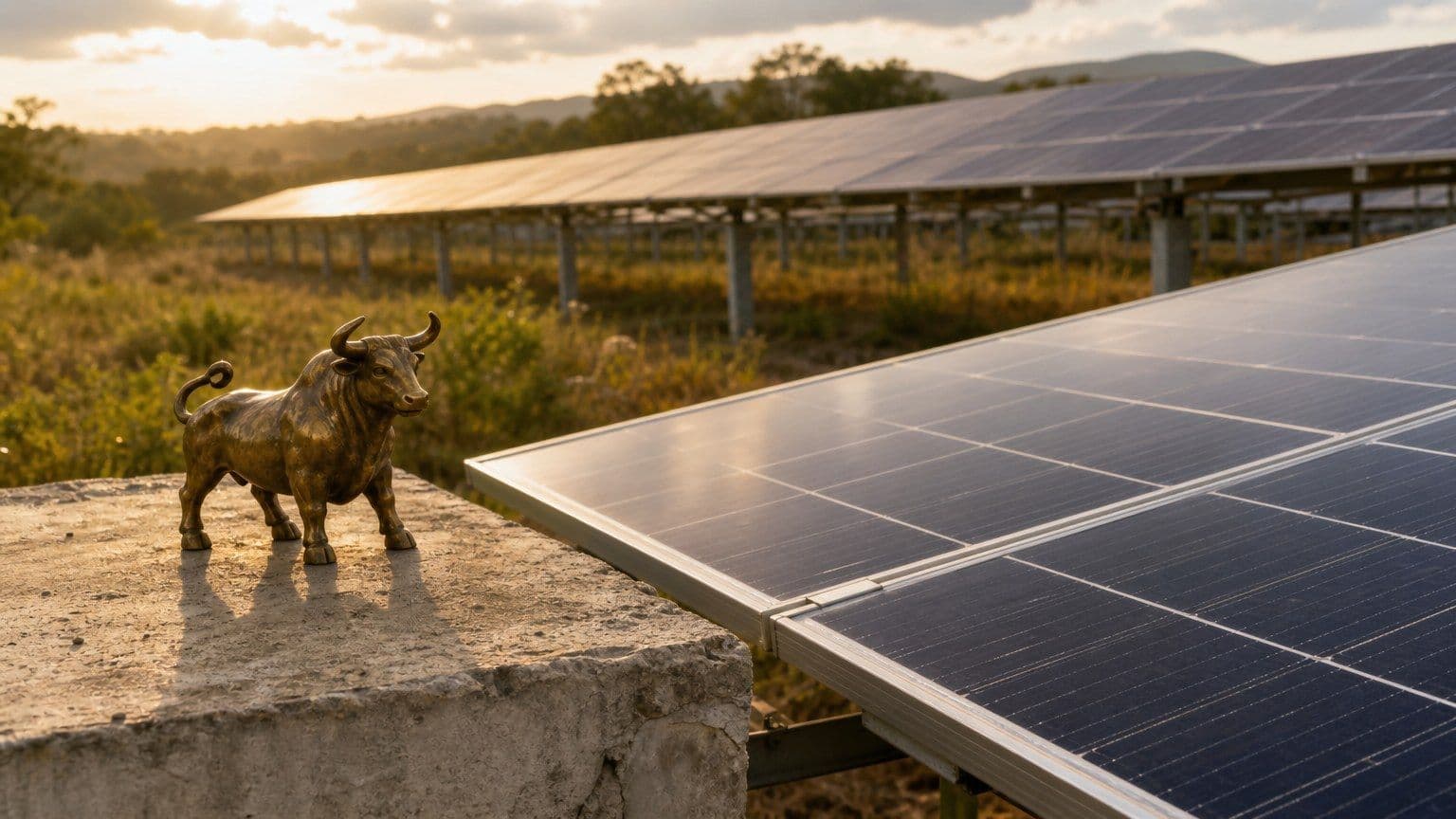 Panele fotowoltaiczne na farmie solarnej z małą mosiężną figurką byka na pierwszym planie.