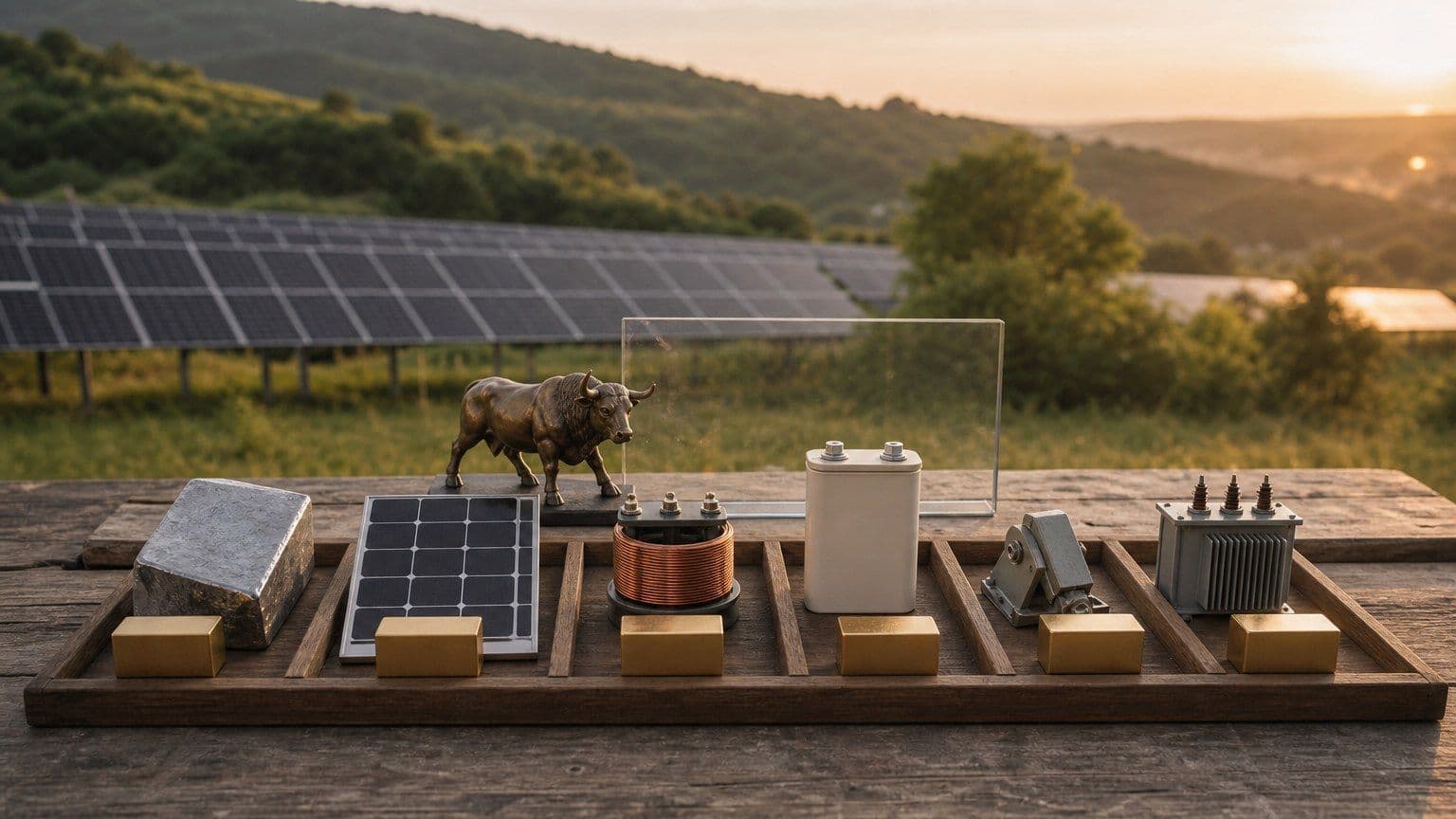 Sześć stanowisk analizy akcji fotowoltaicznych z elementami paneli, falownika, magazynu energii i projektu energetycznego.
