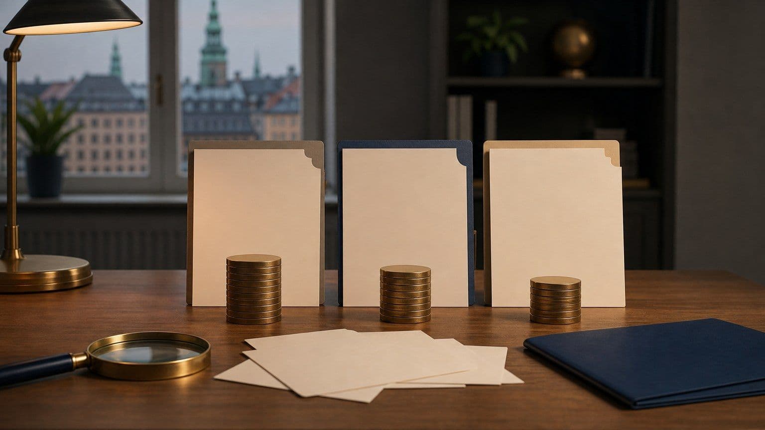 Biurko porównania firm finansowych z pustymi folderami, kartami opinii, lupą i stosami monet.